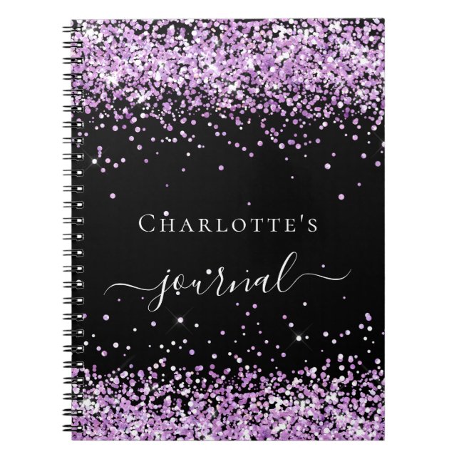 Svart violet lila glitter namn-manuset journal anteckningsbok (Framsidan)