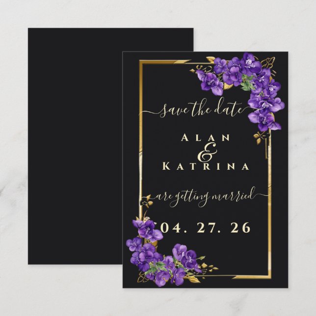 Svart Violett Blommig Guld Ram Spara Datumet (Fram/baksida)