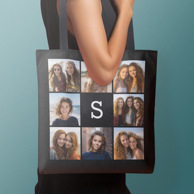 Svart Vit 8 Fotocollage Anpassad Monogram Tygkasse (Personalized tote bag with photos collage and text)