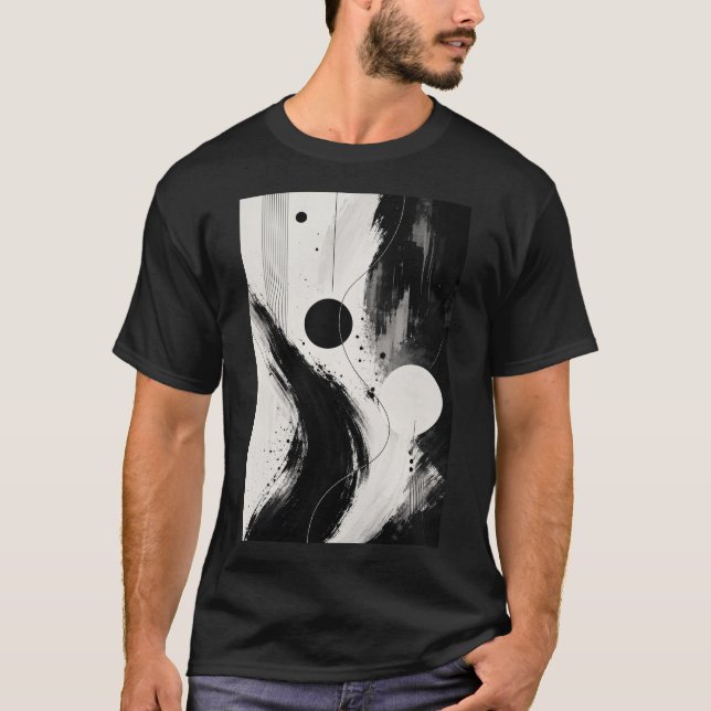 Svart & Vit Abstrakt Flödande T-Shirt (Framsida)