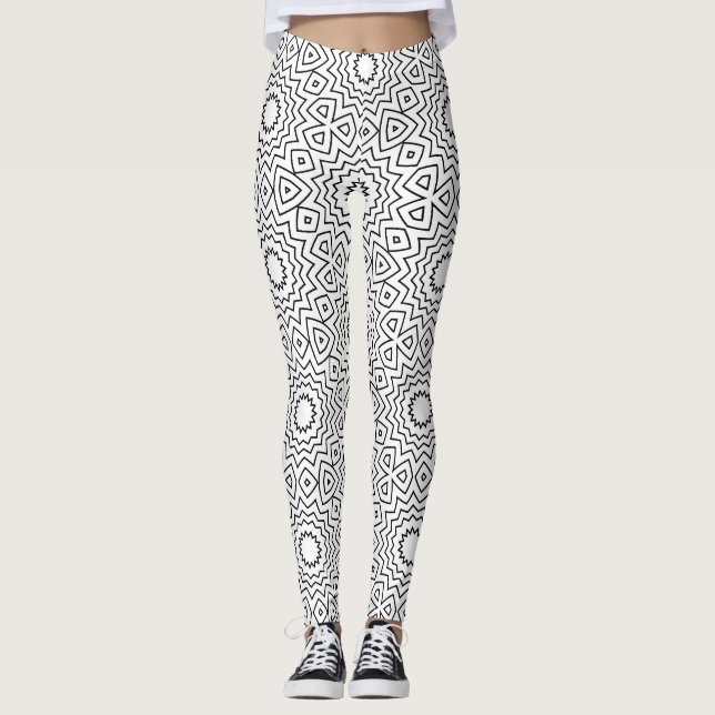 Svart & Vit Abstrakt Sömlös Mandala-design Leggings (Framsida)
