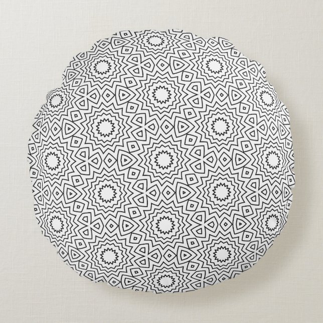 Svart & Vit Abstrakt Sömlös Mandala-design Rund Kudde (Framsidan)