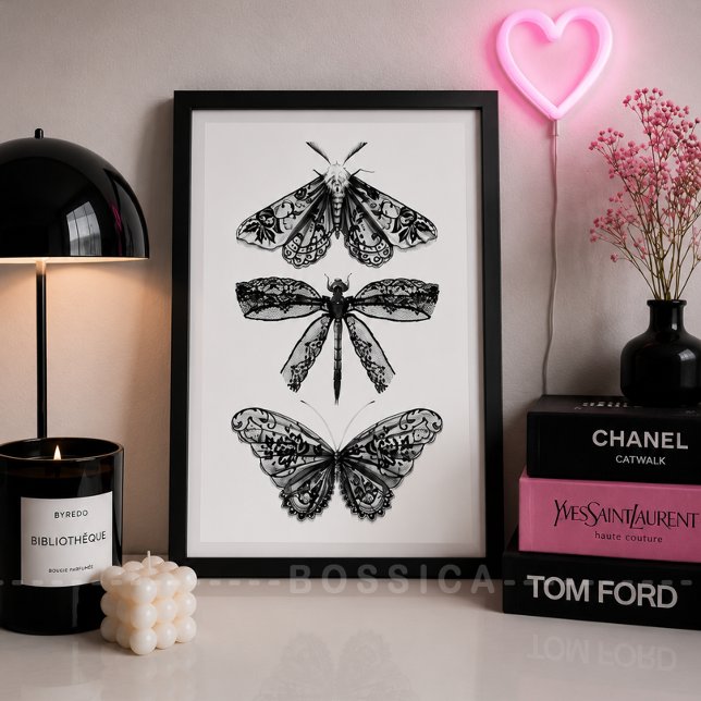 Svart & Vit Affisch Fjäril Trollslända & Moth (Vintage Insect Gallery Wall Art Poster | Black & White Butterfly, Dragonfly & Moth Print )
