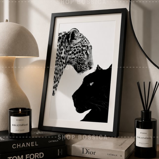 Svart & Vit Affisch Leopard & Svart Panter  (Black & White Leopard & Black Panther Framed Poster | Modern Wildlife Wall Art | Safari Animal)