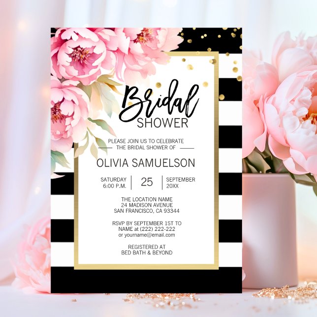 Svart Vit Akvarell Rosa Blommig Bröllopsdusch Inbjudningar (Black White Watercolor Pink Floral Bridal Shower Invitation)