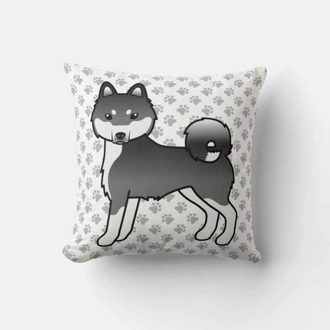 Svart & Vit Alaskan Klee Kai Tecknad Hund & Tassar Kudde (Framsida)