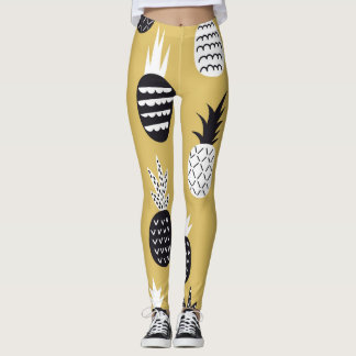 Svart, vit ananas, gultens bakgrund leggings