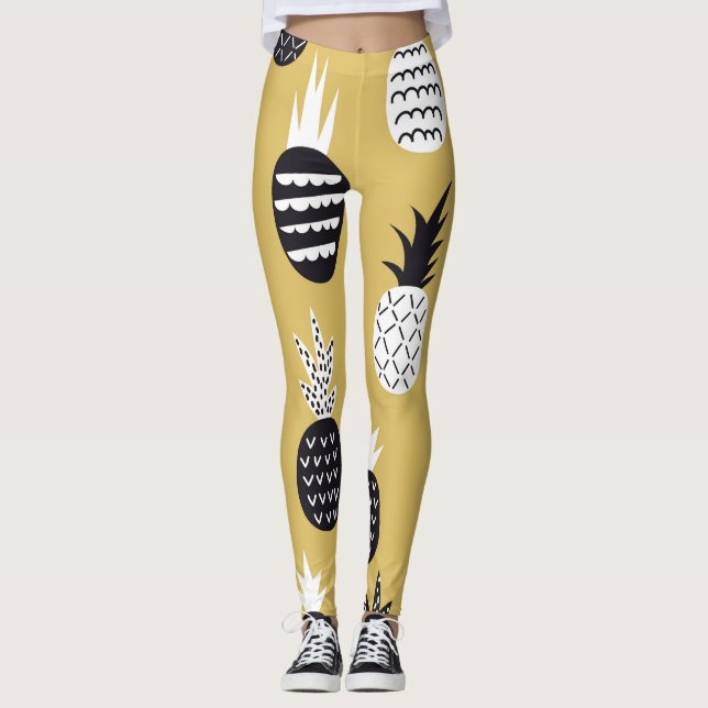 Svart, vit ananas, gultens bakgrund leggings (Framsida)