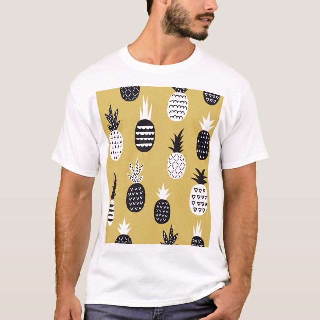 Svart, vit ananas, gultens bakgrund t shirt (Framsida)