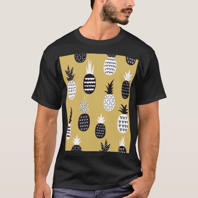 Svart, vit ananas, gultens bakgrund t shirt (Framsida)