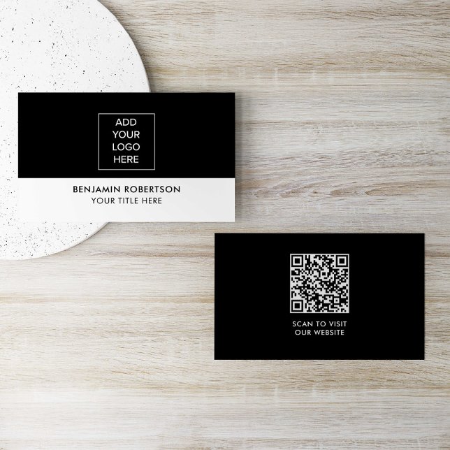 Svart Vit Anpassad Logotyp QR-kod Modern Enkel Visitkort (Skapare uppladdad)