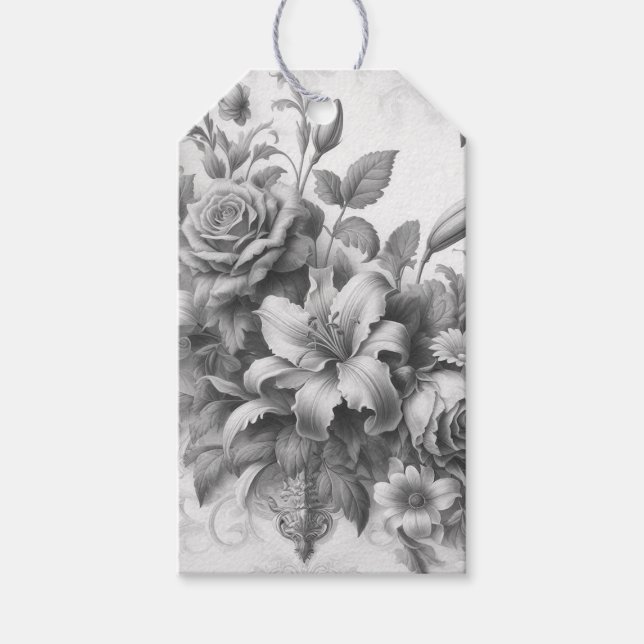 Svart & Vit Antik Blommig Perfektion Presentetikett (Framsidan)