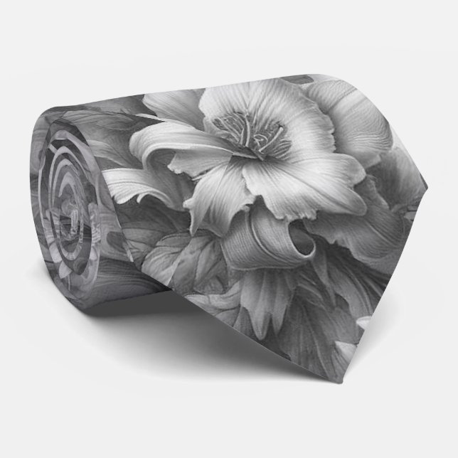 Svart & Vit Antik Blommig Perfektion Slips (Rullad)