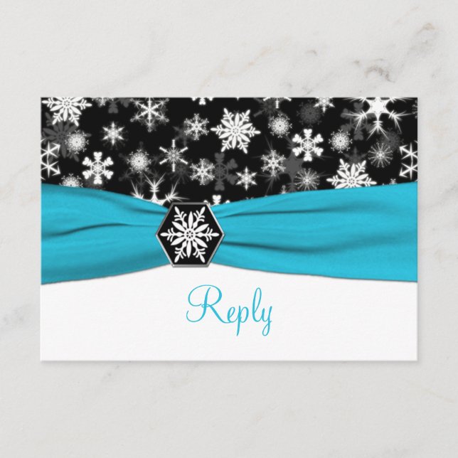 Svart, Vit, Aqua Snöflingor Bröllops Svar Kort (Framsida)
