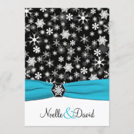 Svart, vit, Aqua Snöflingor bröllopsinbjudan Inbjudningar
