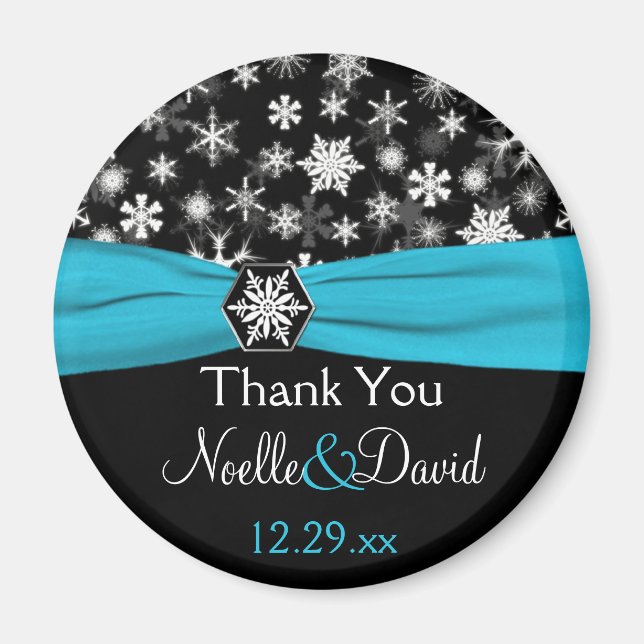 Svart, vit, Aqua Snöflingor Wedding Favor Magnet (Framsidan)