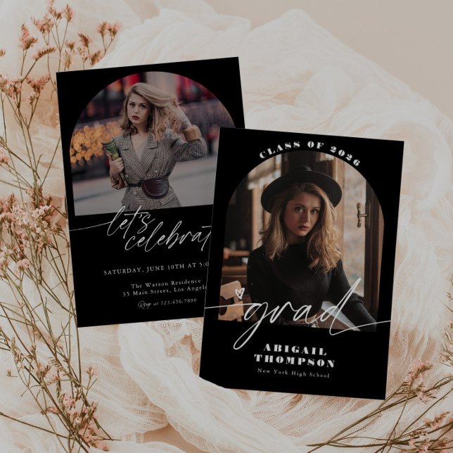 Svart & Vit Arkfoton Script Examen Inbjudningar (Skapare uppladdad)