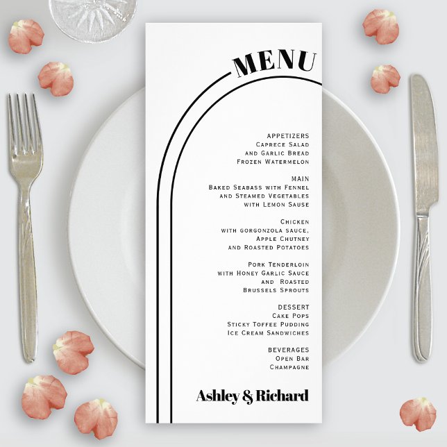 Svart, vit båge och typografi bröllop-menykort reklamkort (Skapare uppladdad)