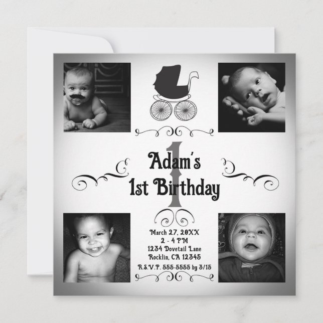Svart & Vit Barnvagnsfoto 1-årsdag  Inbjudningar (Framsida)