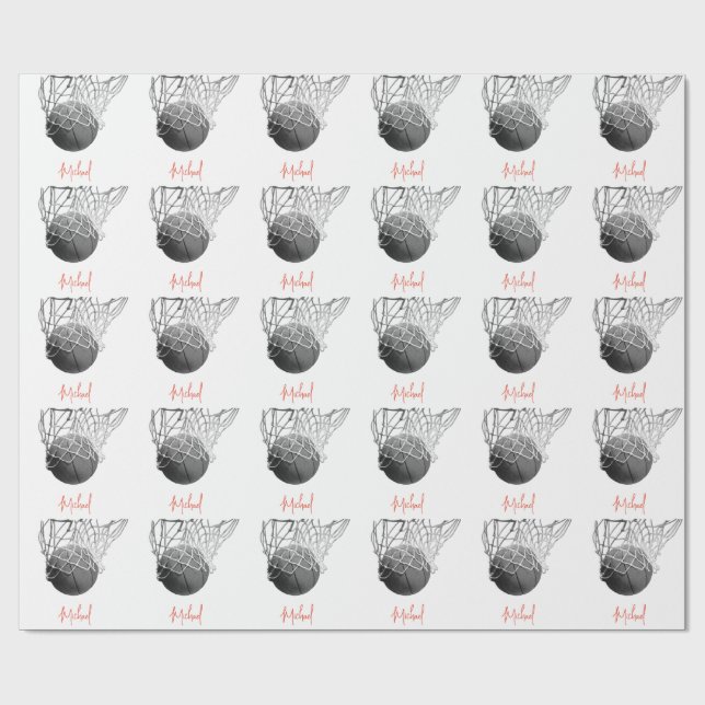 Svart & Vit Basketboll & Nät Ditt Namn Presentpapper (Platt)