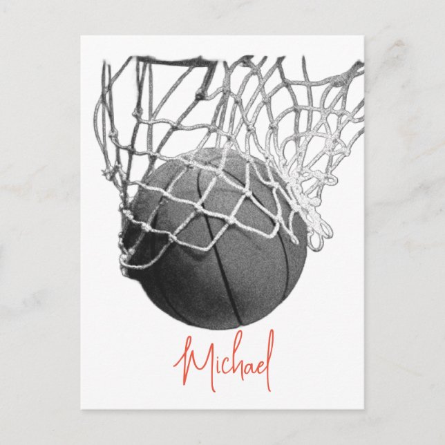 Svart & Vit Basketboll & Nät Ditt Namn Vykort (Framsida)