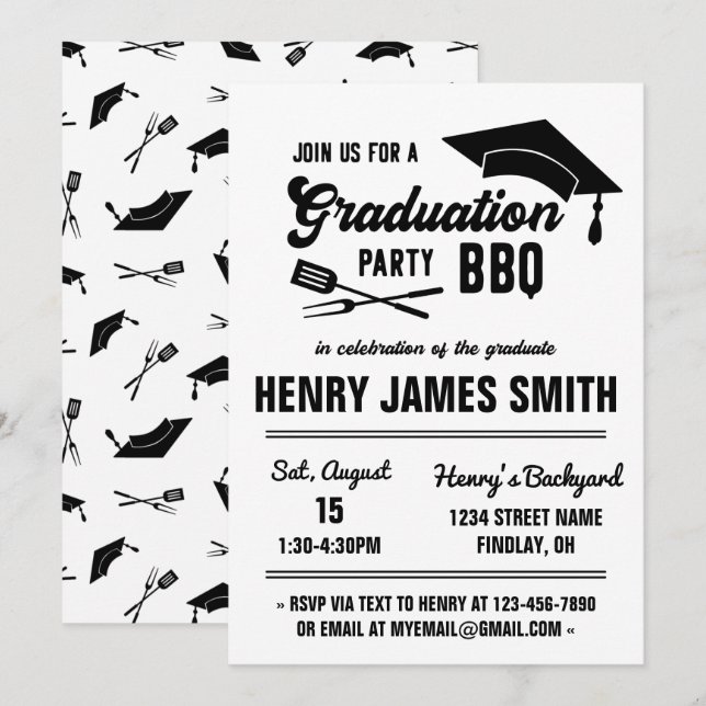 Svart-vit BBQ-fest för examen, neutral Inbjudningar (Fram/baksida)
