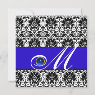 SVART VIT BLÅ DAMAST MONOGRAM Sapphire Inbjudningar