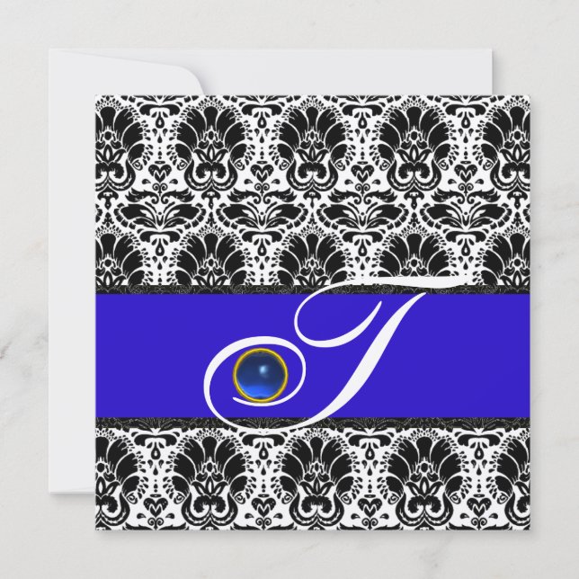 SVART VIT BLÅ DAMAST MONOGRAM Sapphire Metallisk Inbjudningar (Framsida)