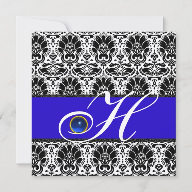 SVART VIT BLÅ DAMAST MONOGRAM Sapphire Silver Inbjudningar (Framsida)