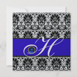 SVART VIT BLÅ DAMAST MONOGRAM Sapphire Silver Inbjudningar