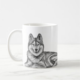 Svart & Vit Bläck & Akvarell Siberian Husky Kaffemugg