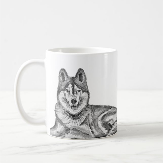 Svart & Vit Bläck & Akvarell Siberian Husky Kaffemugg (Vänster)