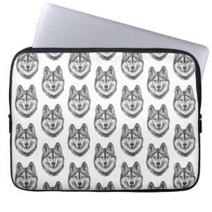 Svart & Vit Bläck & Akvarell Siberian Husky Laptop Fodral