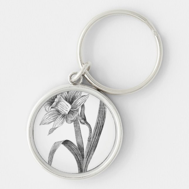 svart vit blommar påskliljavintage rund silverfärgad nyckelring (Framsidan)