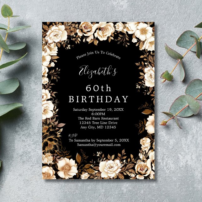 Svart Vit Blommig 60-års 70-års 80-års Födelsedag  Inbjudningar (Black White Gold Floral Watercolor 60th 70th 80th Women's Birthday Invitation)