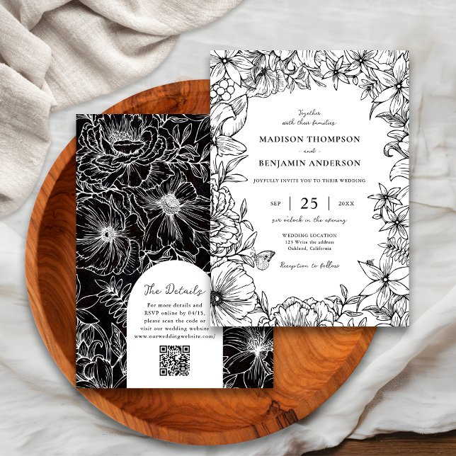 Svart Vit Blommig Båge RSVP QR-kod Bröllop Inbjudningar (Skapare uppladdad)