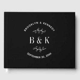 Svart Vit Blommig Botanisk Monogram Par Namn Gästböcker
