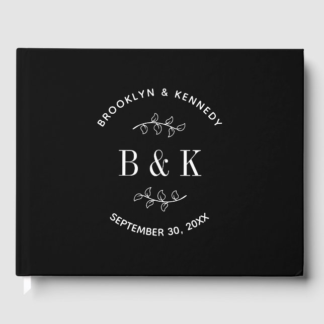 Svart Vit Blommig Botanisk Monogram Par Namn Gästböcker (Framsida)