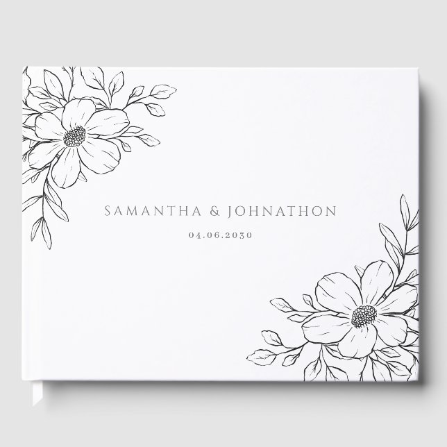 Svart Vit Blommig Bröllop Gästböcker (Framsida)