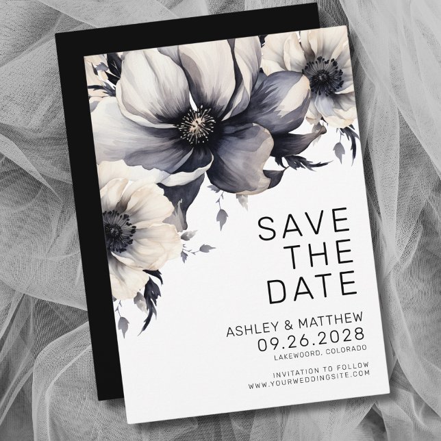 Svart Vit Blommig Bröllop Spara Datumet (Modern Boho Black White Floral Wedding Save The Date)