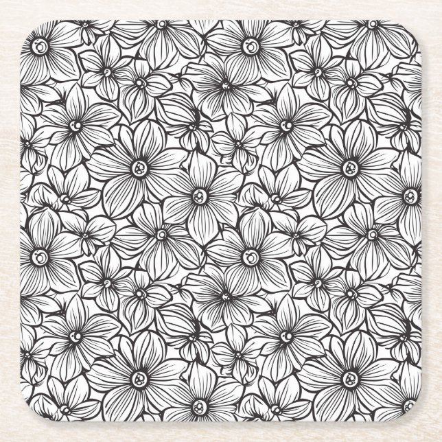 Svart Vit Blommig Bröllop Underlägg Papper Kvadrat (Framsidan)