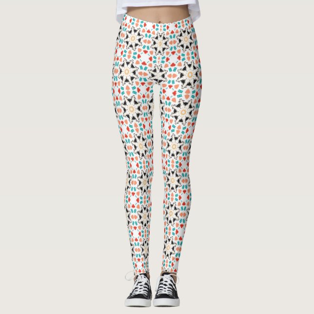 Svart Vit Blommig Geometrisk Mönster Leggings (Framsida)