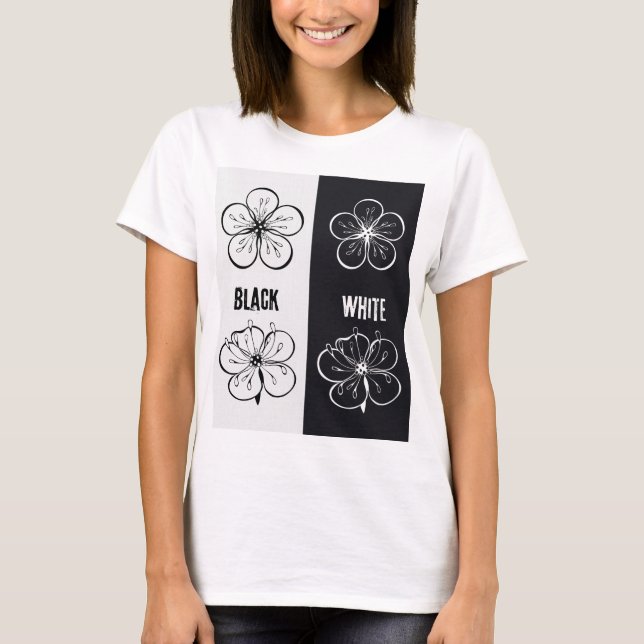 Svart  Vit Blommig Kontrastkonst | Minimalistisk T Shirt (Framsida)