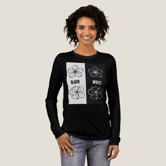 Svart  Vit Blommig Kontrastkonst T Shirt (Hel framsida)