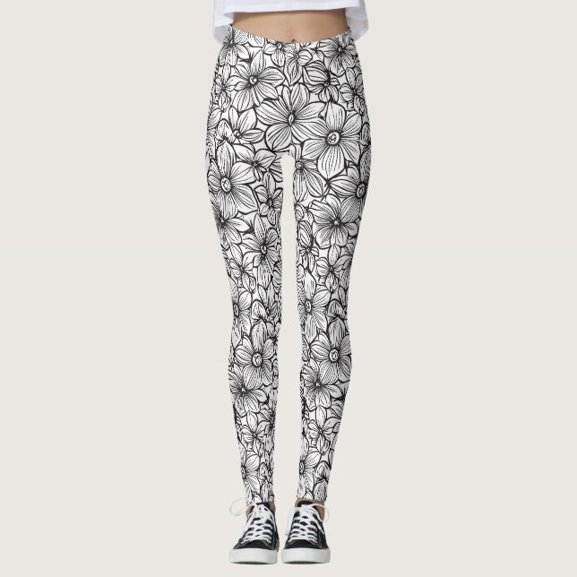 Svart Vit Blommig Leggings (Framsida)