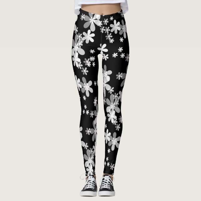 svart vit blommig leggings (Framsida)