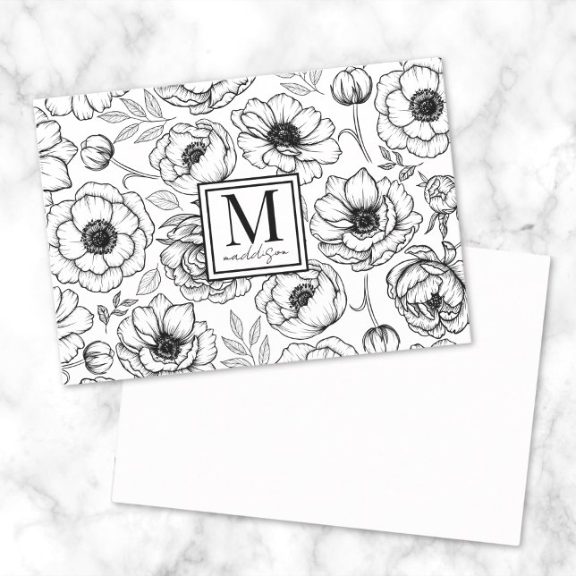 Svart Vit Blommig Monogram Anteckningskort (Black White Floral Monogram Note Card)