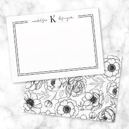 Svart Vit Blommig Namn Monogram Anteckningskort