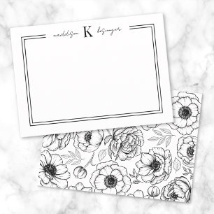 Svart Vit Blommig Namn Monogram Anteckningskort