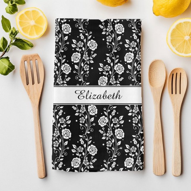 Svart & Vit Blommig Rosmönster Namntryck Kökshandduk (Black & White Floral Rose Pattern Name Print Kitchen Towel)